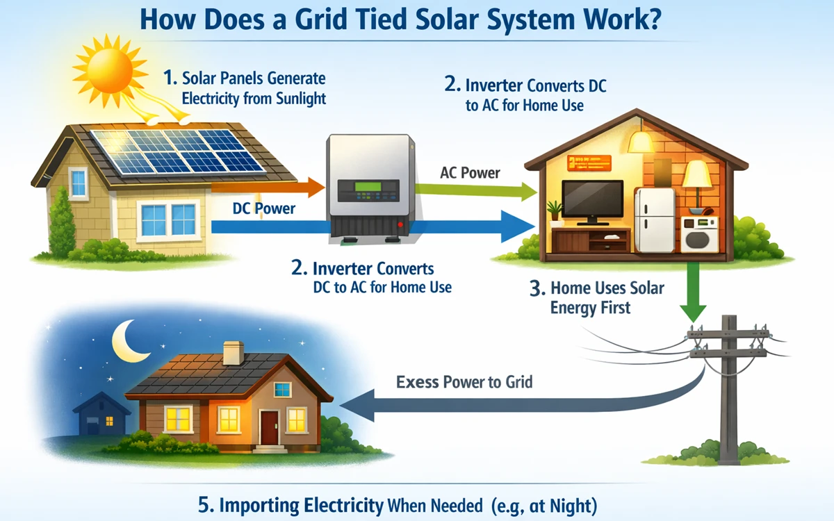 how does a grid tied solar system work